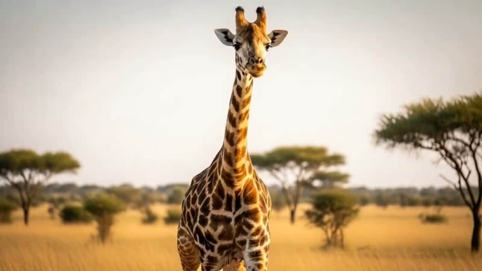 A giraffe on the open savanna among acacia trees